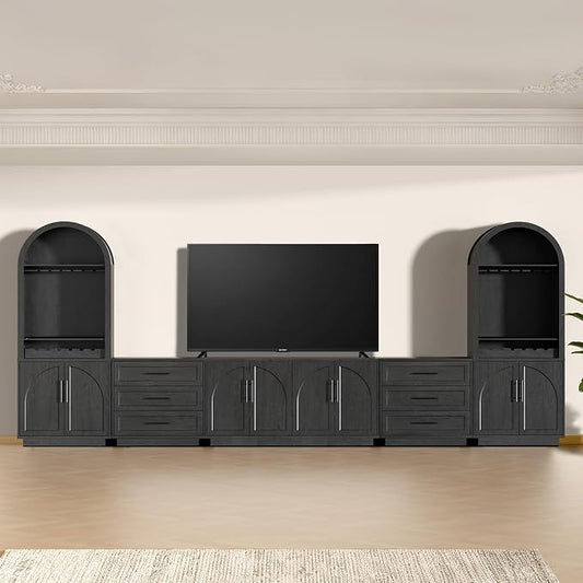 Arden Collection Home Storage & Bar Cabinet Set, 4 Door Cabinet with Matching Wine Cabinets and Storage Drawers, Modern Wood Grain Furniture System for Dining Room and Entertaining Spaces,Black Grey