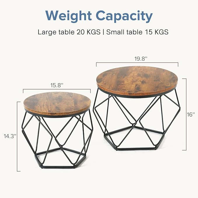 DUMOS Modern Geometric Coffee Table Set of 2, Round Nesting Side Tables with Hidden Storage, Movable End Tables for Living Room Office Decor & Practical Use Brown