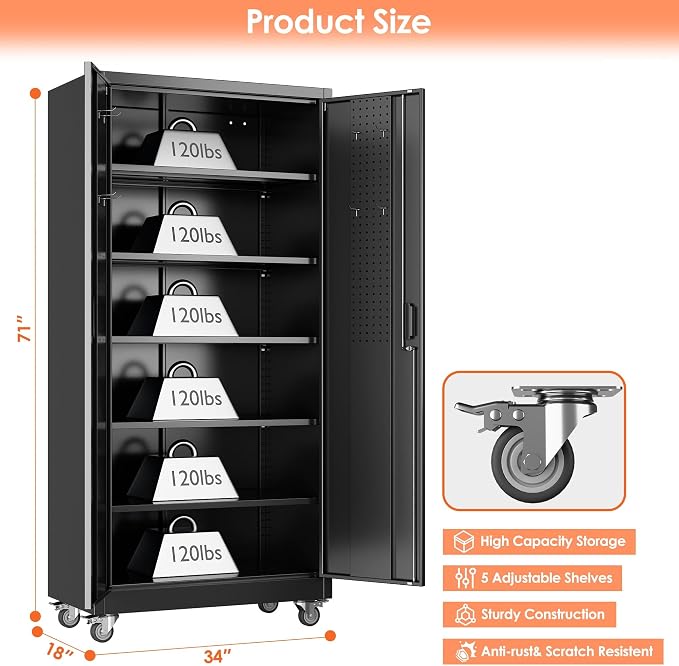 Garage Storage Cabinet with Wheels & Pegboard Doors, Lockable Metal Storage Cabinet with 5 Adjustable Shelves for Garage, Home, Black, Assembly Required, 71" H x 34" W x 18" D