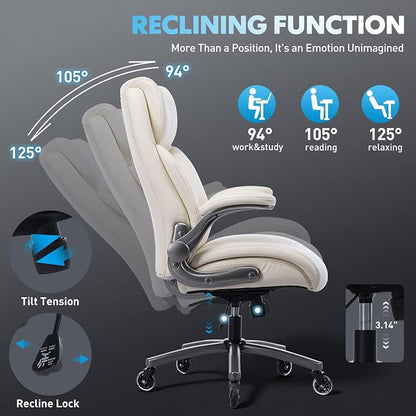 MALOL Ergonomic High-Back Executive Office Chairs, Heavy Duty Home Computer Chair with Lumbar Support, Flip-Up Arms, and PU Leather Upholstery, Beige