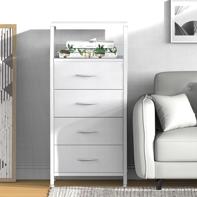 White Dresser for Bedroom, Storage Organizer with 4 Drawers, Vertical Fabric Storage Stand, Nightstand Bedside Table, Sturdy Steel Frame & Wooden Top