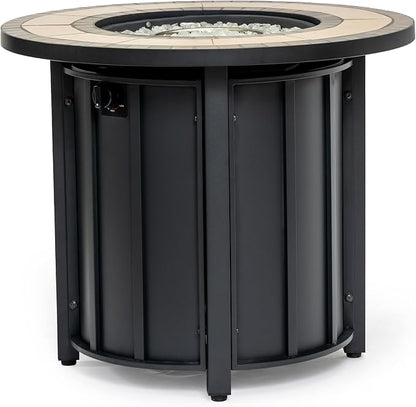 30" Propane Gas Fire Pit Table, 50000 BTU Round Outdoor Fire Pit with Mosaic Ceramic Tabletop, Steel Patio Fire Table with Lid & Rain Cover for Backyard Deck Garden, Black