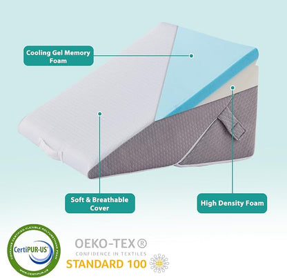 Wedge Pillow for Sleeping, Adjustable 9&12 Inch Foldable Bed Wedge Pillow Set, Orthopedic Memory Foam Triangle Pillows Wedge, 7-in-1 Elevated Pillows for Leg and Back Support, White/Grey