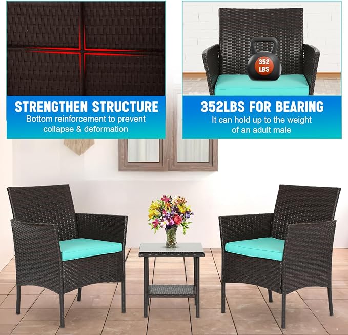 FDW 3 Piece Outdoor Furniture Set Patio Brown Wicker Chairs Furniture Bistro Conversation Set 2 Rattan Chairs with Blue Cushions and Glass Coffee Table for Porch Lawn Garden Balcony Backyard