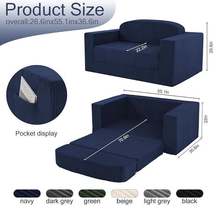 MeMoreCool Boneless Corduroy Loveseat & Sleeper – 2-in-1 Fold-Out Futon Couch Bed with High-Density Foam, Removable Washable Cover for Apartments, Guest Stays, Small Bedrooms