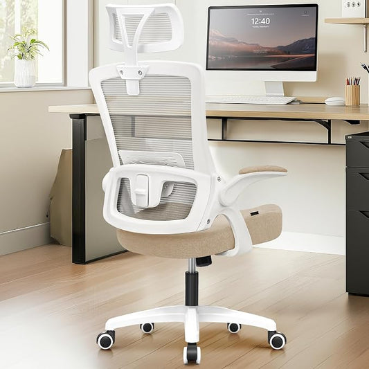 NEO CHAIR Office Desk Chair Gaming Computer High Back Support Mesh Comfy Seat with Adjustable Ergonomic Headrest Lumbar Rolling Flip-up Armrests and Wheels (Beige)