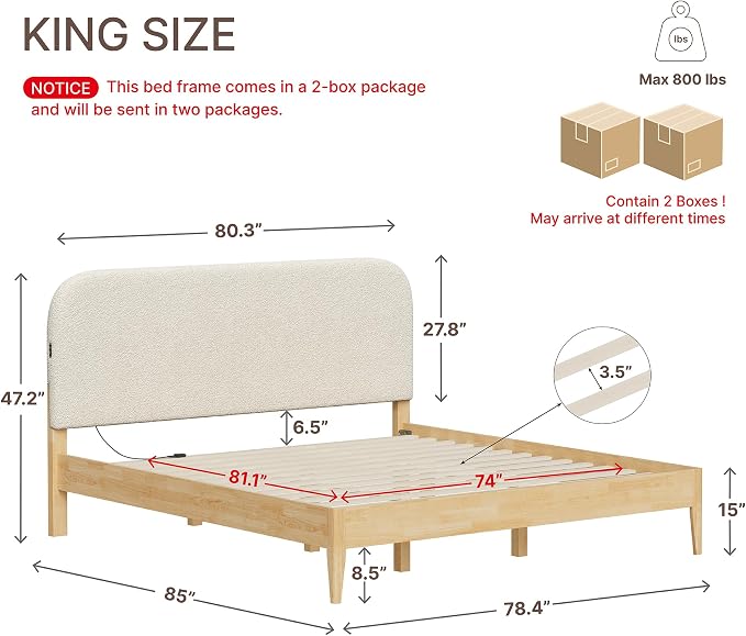 KISLOT Wood Bed Frame with USB & Type-C Charging, Boucle Platform Bed with Upholstered Headboard Mattress Foundation No Box Spring Needed Easy Assembly
