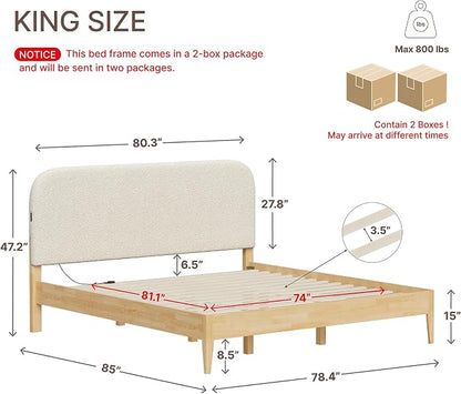 KISLOT Wood Bed Frame with USB & Type-C Charging, Boucle Platform Bed with Upholstered Headboard Mattress Foundation No Box Spring Needed Easy Assembly