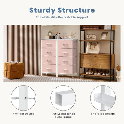 DUMOS Nightstand with 4 Drawers Bedside Table with Removable Fabric Bins Sturdy Steel Frame Wood Top Organizer Furniture for Bedroom Closet Living Room,Pink