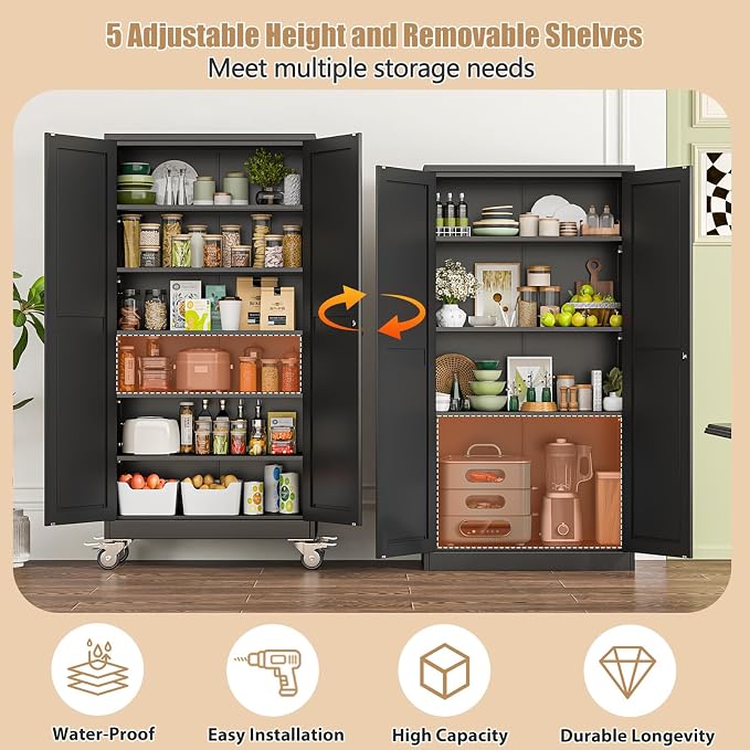 74" H Metal Pantry Storage Cabinet with Wheels,Rolling Kitchen Pantry Cabinet with 2 Doors and 5 Adjustable Shelves, Locker Steel Cabinet,Organization Cabinet for Garage,Home,Gym,School,Black