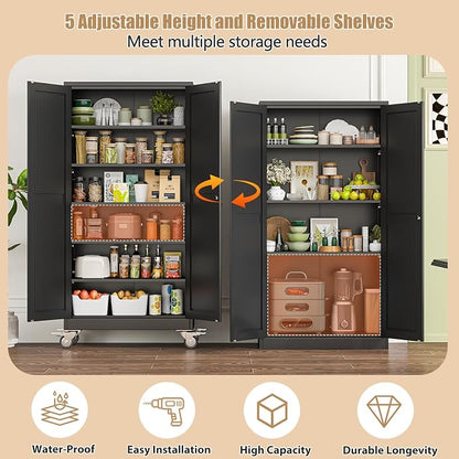 74" H Metal Pantry Storage Cabinet with Wheels,Rolling Kitchen Pantry Cabinet with 2 Doors and 5 Adjustable Shelves, Locker Steel Cabinet,Organization Cabinet for Garage,Home,Gym,School,Black