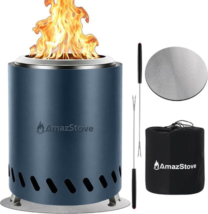 9.7 x 7.1 Inch Tabletop Fire Pit by AmazStove, Low Smoke Camping Stove for Outdoor Safe Burning Firepits, Fueled Pellets or Wood, Travel Bag Included (Slate Blue, 9.7 x 7.1 INCH)