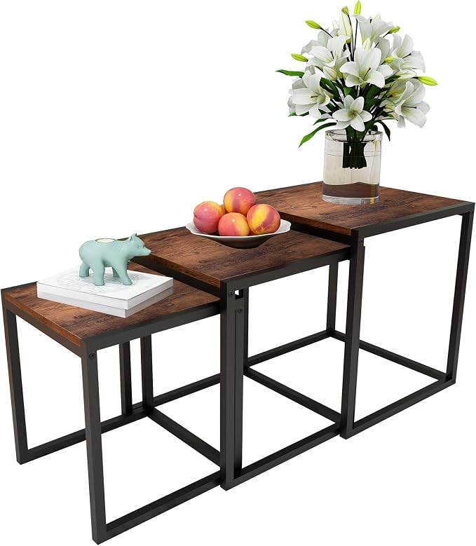 Nesting Table Set of 3 Side Tables, Modern Coffee Table Stacking End Table with Metal Frame，Brown
