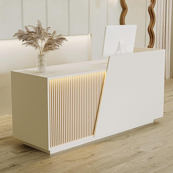 Reception Desk with Counter, Modern Reception Desk with Drawers & 2 Storage Cabinets & 3 Storage Compartments, Front Desks Reception Counter for Salon/Office/Store (Beige-Left, 63inch/160cm)