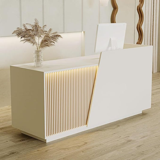 Reception Desk with Counter, Modern Reception Desk with Drawers & 2 Storage Cabinets & 3 Storage Compartments, Front Desks Reception Counter for Salon/Office/Store (Beige-Left, 63inch/160cm)