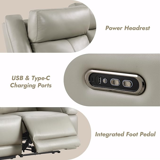 Watson & Whitely Genuine Leather Power Recliner Sofa, 3 Seater Wall Hugger Reclining Sofas with Storage Console, Power Headrest, USB, Electric Recliner Couch Set for Living Room, Grey