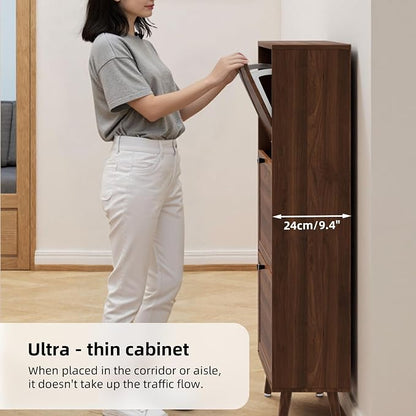 Fsbecl Shoe Storage Cabinet for Entryway with 3 Flip Drawers, Narrow Shoe Organizer with Fluted Panel, Freestanding Wood Hidden Shoe Cabinet for Hallway (Walnut, 23.6''W, Double Layer)