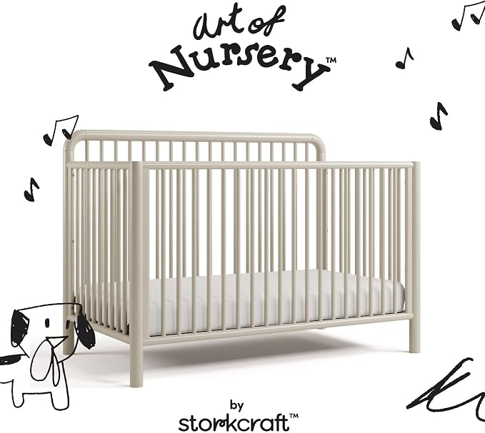 Storkcraft Porto 5-in-1 Convertible Crib with Toddler Guardrail – GREENGUARD Gold Certified, Toddler Bed Conversion Kit Included, 100% Solid Wood, Fits Standard Baby Crib Mattress (Frosted Oat)