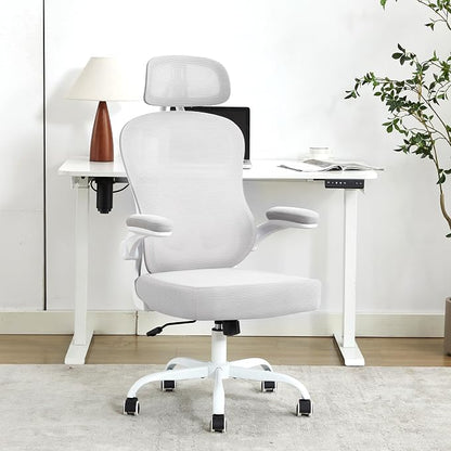Ergonomic Office Chair,Ultra Thick Spring Cushion Desk Chair,Grey | Adjustable Lumbar Support and Headrest,Flip-up Arms,Rocking Function,Mesh Home Office Computer Chair