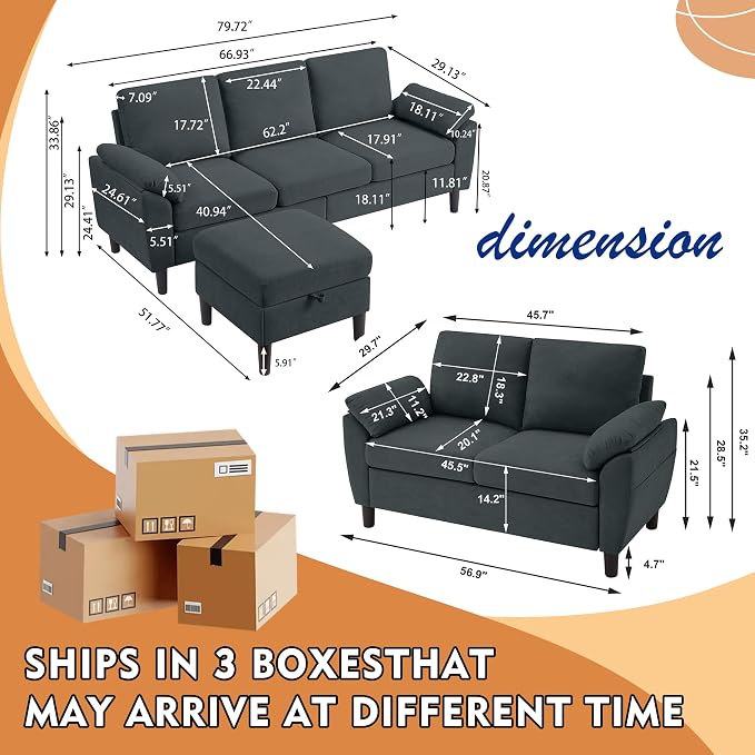 80" Convertible Sectional Sofa Set, Modern Linen Small L Shaped Couch with Reversible Chaise and Loveseat Sofa, 3-Seat Sofa Couches for Living Room, Office, Apartment, Dark Grey