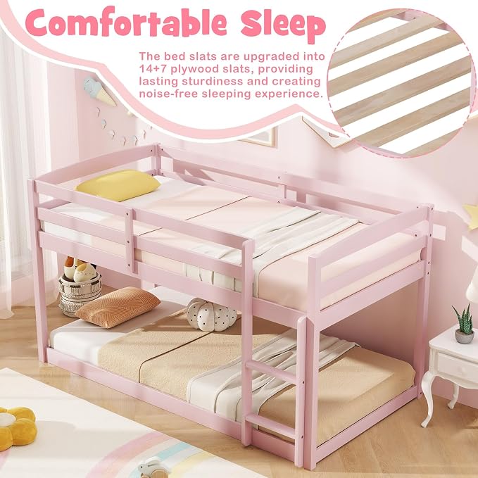 MAT EXPERT Bunk Bed Twin Over Twin, Low Wood Bunk Bed Frame w/Safety Guardrails, Ladder & Slats, Floor Platform Twin Bunk Beds for Kids Toddlers, for Dorm Bedroom, No Box Spring Needed (Pink)