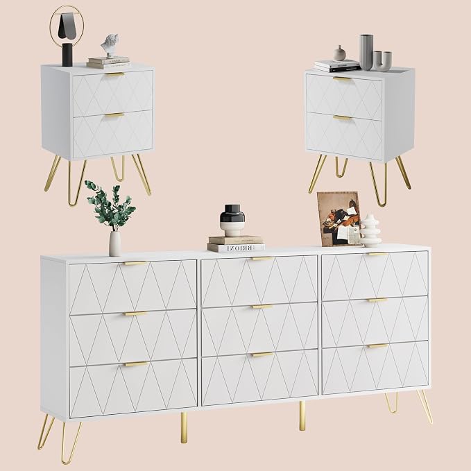 Anbuy Bedroom Sets 3 Pieces White Modern Nightstands and 9 Drawer Dresser Sets Bedside Table Set Bedroom Set 3 Pcs White