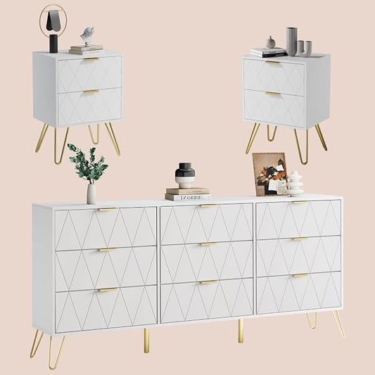 Anbuy Bedroom Sets 3 Pieces White Modern Nightstands and 9 Drawer Dresser Sets Bedside Table Set Bedroom Set 3 Pcs White