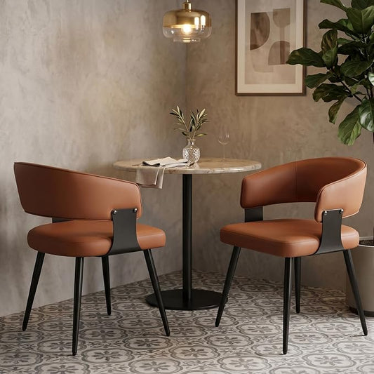 Dining Chairs Set of 2, Modern Upholstered PU Leather Kitchen & Dining Room Chairs with Curved Open Back Metal Legs, Kitchen Chairs for Dining Room Restaurant (Brown, Set of 2)