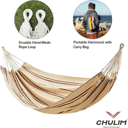 CHULIM Brazilian Double Hammock with Tree Straps,Extra Large 94x63IN,2 Persons Hammock for Backyard Patio Outdoor and Indoor,450lbs Weight Capacity,Soft Woven Cotton Fabric - Beige Brown Stripe