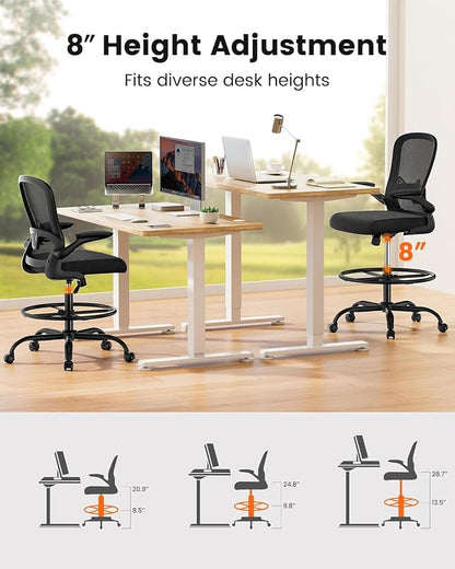 ErGear Drafting Chair, Standing Desk Chair with Flip-Up Armrests, High Desk Chair Adjustable Height, Ergonomic Tall Office Chair with Lumbar Support and Adjustable Footrest Ring