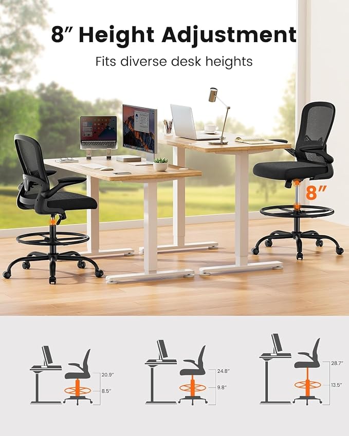 ErGear Drafting Chair, Standing Desk Chair with Flip-Up Armrests, High Desk Chair Adjustable Height, Ergonomic Tall Office Chair with Lumbar Support and Adjustable Footrest Ring,20 Pack