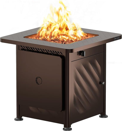 East Oak 28” Outdoor Propane Fire Pit Table | 52,000 BTU Gas Fire Pit for 2-4 People with Space-Saving Hock Lid, Mesh Pocket & Lava Rocks | CSA Certified Safe for Patio, Deck, Backyard, Brown