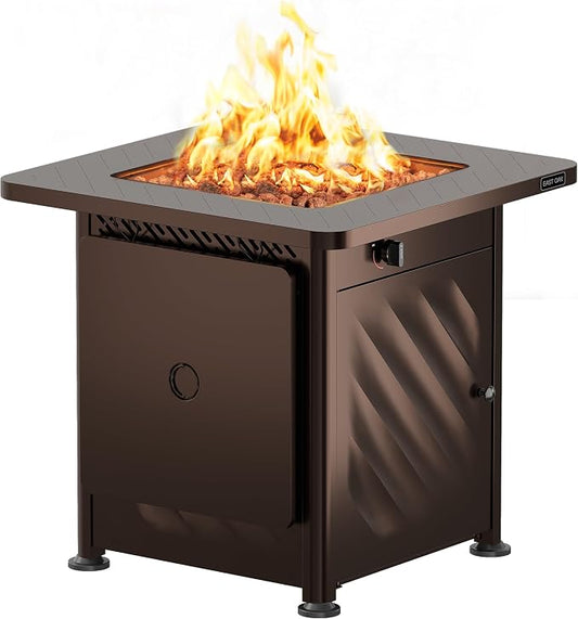 East Oak 28” Outdoor Propane Fire Pit Table | 52,000 BTU Gas Fire Pit for 2-4 People with Space-Saving Hock Lid, Mesh Pocket & Lava Rocks | CSA Certified Safe for Patio, Deck, Backyard, Brown