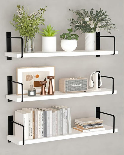 Floating Shelves, 24 Inches Easy to Install Wall Mounted Shelves, Set of 3, Rustic Wood Shelves for Wall Decor, Storage Shelves for Living Room (White)