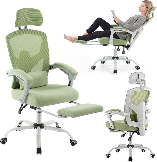 Home Office Desk Chair, Comfortable Mesh Computer Chair with Foot Rest, Reclining Gaming Chair with Headrest and Lumbar Support, 90°-130° Reclining, Green