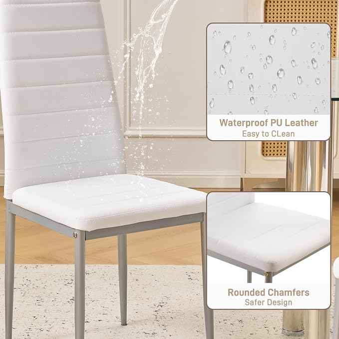 Karl home White Dining Chairs Set of 4, PU Leather & High Back | Kitchen chairs with padded seats & foot cap protection for dining kitchen living room,300lbs capacity,space-saving