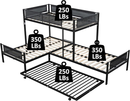 Livavege L-Shape Triple Bunk Bed with Trundle for 4 Kids/Teens/Adults, Metal Bunk Bed Twin Over Twin with Textilene Guardrail, Wood Slats, Low Bunkbed Frame for Dorm, Bedroom, Guest Room