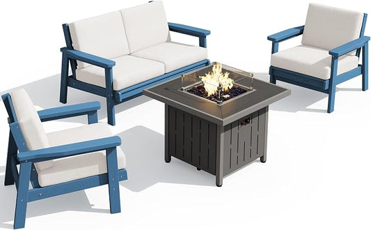 SERWALL Patio Furniture Set with 33” Fire Pit Table, HDPE Outdoor Sectional Sofa Set with Thickened Cushions, Blue Frame with Khaki Cushions
