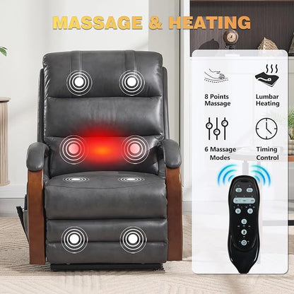 Trustyue Power Lift Recliner Chair, 180° Lay Flat Recliner, Lift Chair with Massage and Heat, Standing Assistance, Infinite Position Reclining, Living Room Chair for Elderly People (Faux Leather Grey)