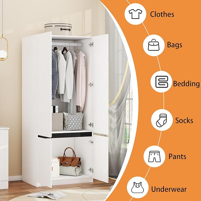 Armoire Wardrobe Closet with Drawers：75" Large White Wardrobe Closet Cabinet with 6 Doors for Hanging Clothes, Modern Wooden Bedroom Armoires with 2 Drawers and Storage(C+A+C, 94.5")