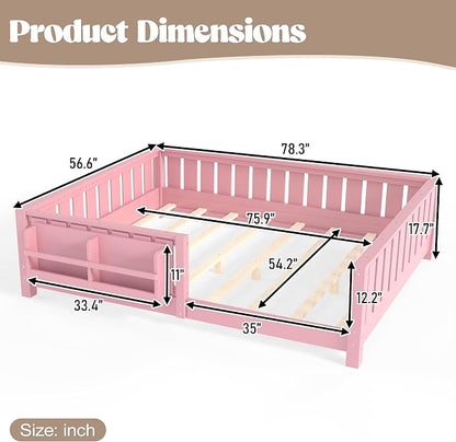 Bellemave Full Floor Bed with Slats and Rails, Full Size Montessori Floor Bed with Bookcase and Fence, Easy Assemble Montessori Beds for Girls, Boys, Pink Floor Beds