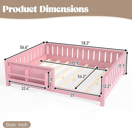 Bellemave Full Floor Bed with Slats and Rails, Full Size Montessori Floor Bed with Bookcase and Fence, Easy Assemble Montessori Beds for Girls, Boys, Pink Floor Beds