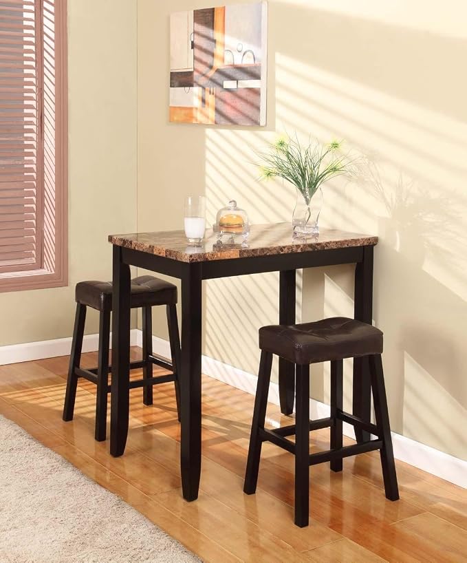 Roundhill Furniture 3-Piece Counter Height Glossy Print Marble Breakfast Table with Stools, brown
