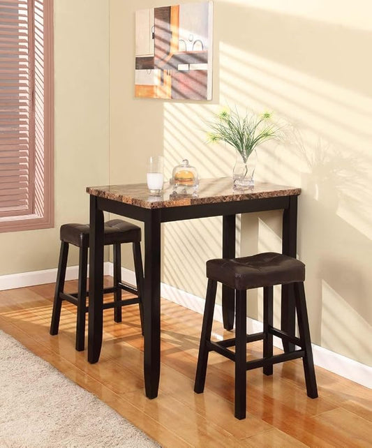 Roundhill Furniture 3-Piece Counter Height Glossy Print Marble Breakfast Table with Stools, brown