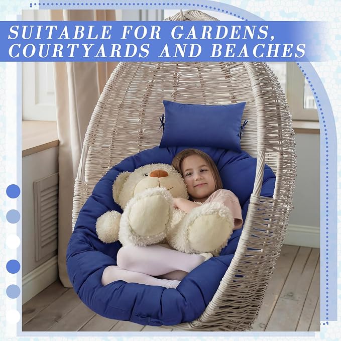 Tudomro Navy Blue Egg Chair Cushion Hanging Basket Chair Replacement 45x45 Hammock Basket Swing Waterproof Cushion Hanging Swing Pads with Headrest for Indoor Outdoor Porch Backyard Patio Garden