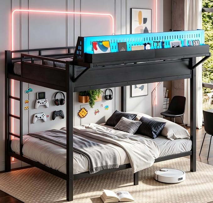 Bellemave Bunk Bed Queen Over Queen，Metal Bunk beds with Storage Shelves USB Ports and LED Lights, Black