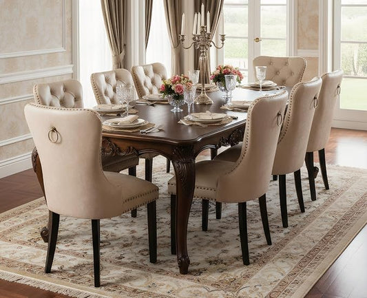 EALSON Modern Dining Chairs Set of 8 Mid Century Leather Dining Room Chairs with Wood Legs Tufted Upholstered Kitchen Side Chairs with Nail Head Trim for Dining Room/Living Room, Beige with Ring
