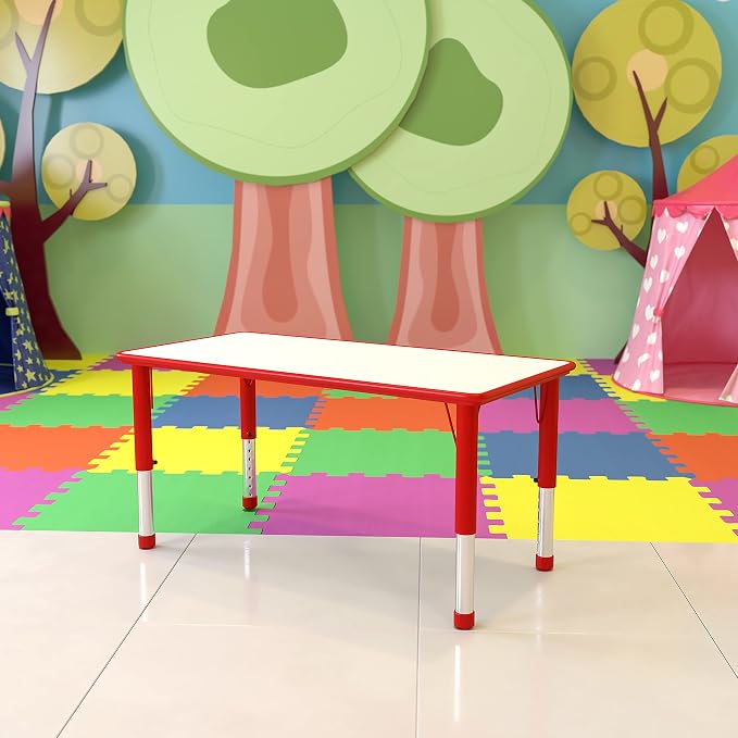 EMMA + OLIVER Adjustable Kids Activity Table for Home Use, Height-Adjustable Classroom Table for Kids, 23.625" W x 47.25" D x 14.5-23.5" H, Red