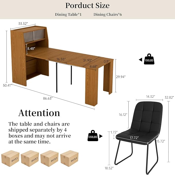 HIPIHOM Dining Table Set for 6, Extendable 86.6" with Storage | Space-saving MDF Kitchen Table with 6 Upholstered U-shaped Black Chairs, Ideal for Apartment, Living Room