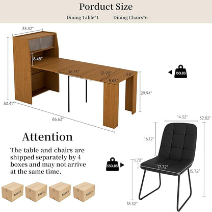 HIPIHOM Dining Table Set for 6, Extendable 86.6" with Storage | Space-saving MDF Kitchen Table with 6 Upholstered U-shaped Black Chairs, Ideal for Apartment, Living Room